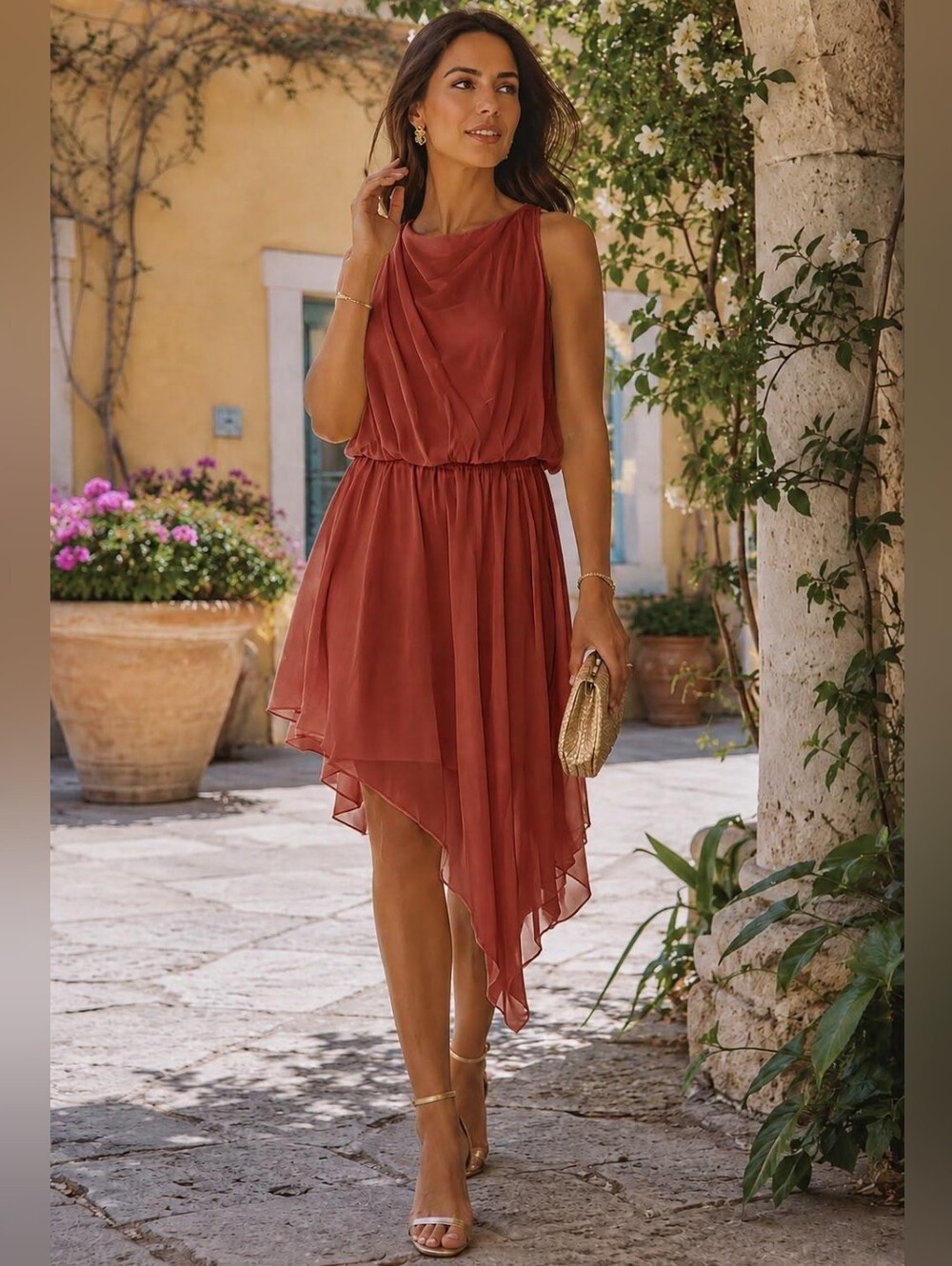 SM 20 Asymmetrical Rust Elastic Waist Dress - Women's Summer Dress